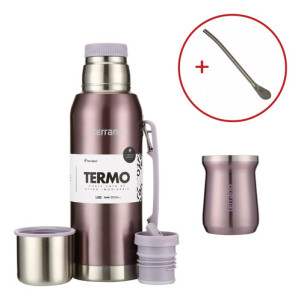 Set Mate Termo 1lt Acero Colores Terrano Doble Capa Bombilla Lila Metalizado