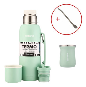 Set Mate Termo 1lt Acero Colores Terrano Doble Capa Bombilla Verde Agua