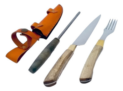 Set Cuchillo Tenedor Vaina Chaira Artesanal Parrilla Acero Genérico
