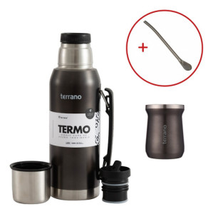 Set Mate Termo 1lt Acero Colores Terrano Doble Capa Bombilla Negro Metalizado