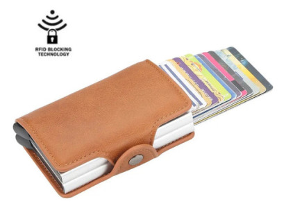 Tarjetero Rfid Metálico Doble Compacto Antirrobo Elegante Liso Marrón