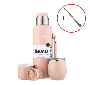Termo Terrano 1lt Base Silicona Anticaida + Mate + Bombilla Rosa