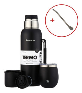 Termo Terrano 1lt Base Silicona Anticaida + Mate + Bombilla Negro