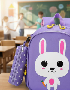 Mochila Diseño Escolar + Estuche Infantil Niño Niña Jardin Violeta Conejo 2