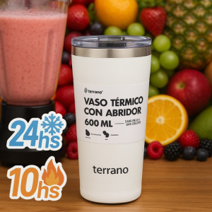 Vaso Termico Terrano 600ml Acero Inox Abridor Tapa Acrilica Blanco