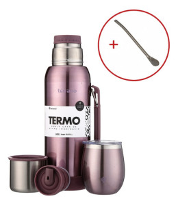 Kit Termo 1l Terrano C/base Silicona Mate Camionero Bombilla Lila Metalizado Mate C/tapa