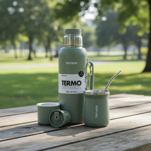 Kit Termo 1lt Terrano C/base Silicona Mate Acero + Bombilla Oliva Mate Tradicional