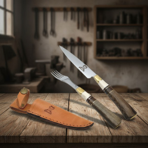Set Cuchillo Tenedor Vaina Cuero Artesanal Acero Inox.