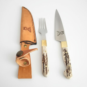 Set Cuchillo Tenedor Vaina Cuero Artesanal Asado Portatil
