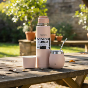 Termo Terrano 750ml Con Mate Y Bombilla -kit Para Tomar Mate Rosa Bala C Tapa