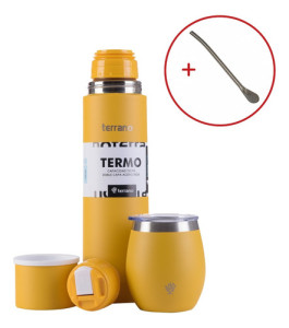 Termo Terrano 750ml Con Mate Y Bombilla -kit Para Tomar Mate Mostaza Bala C Tapa