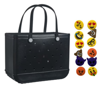 Bolso Canasto Goma Grande Resistente Al Agua Playa + Pines Negro Lisa Negro