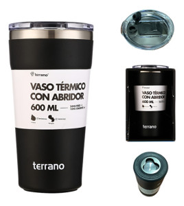 Vaso Termico Terrano 600ml Acero Inox Abridor Tapa Acrilica Negro
