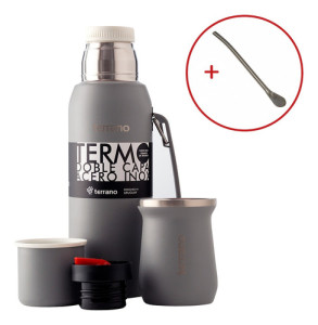 Set Mate Termo 1lt Acero Colores Terrano Doble Capa Bombilla Gris