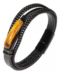 Pulsera Cuero Piedra Natural Ojo De Tigre Energetica Amarillo 10 Cm 19 Cm