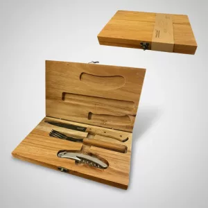 Set Parrillero Vino Caja Madera Cuchillo Tenedor Sacacorcho