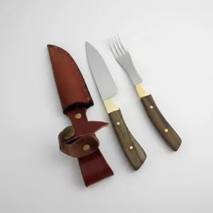 Set Cuchillo Tenedor Vaina Cuero Artesanal Acero Inox Oscuro
