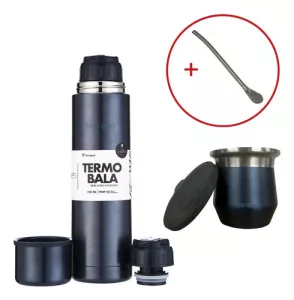 Kit Termo 750ml Terrano Mate Acero Tapa Silicona + Bombilla Azul Metalizado