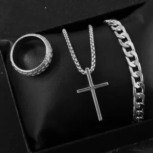 Set Accesorios Acero Inox Hombre Anillo Pulsera Cadena-dije Plateado 2