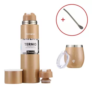 Kit Matero Terrano Termo 750ml Mate C/tapa + Bombilla Regalo Oro - Mate Con Tapa