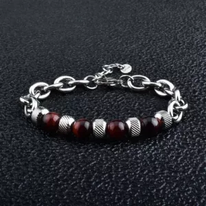 Pulsera Acero Inox Piedra Natural 8mm Ajustable - Unisex Ojo De Tigre Rojo 10 Cm 21 Cm