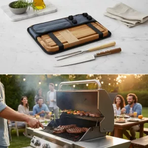 Set Parrillero 4 Piezas Tabla Cuchillo Tenedor Estuche Asado