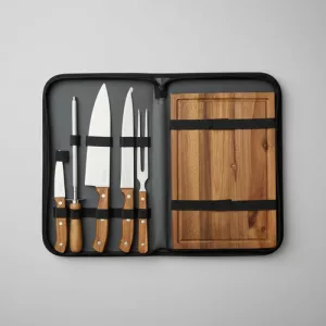 Set Parrillero Tabla 3 Cuchillo Tenedor Chaira Estuche Asado