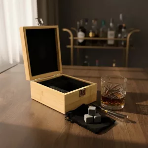 Set Vaso 350ml Whisky Con Piedras Hielo, Pinza + Caja Bamboo Bamboo
