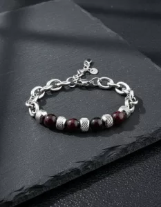 Pulsera Acero Inox Piedra Natural 8mm Ajustable - Unisex Ojo De Tigre Rojo 10 Cm 21 Cm