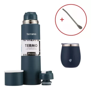 Kit Matero Terrano Termo 750ml Mate C/tapa + Bombilla Regalo Azul Opaco - Mate Con Tapa