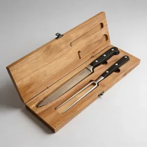 Set Asado Cuchillo Tenedor En Caja Madera Acacia Parrillero