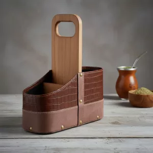 Matera Terrano Simil Cuero Croco Porta Celular Asa Madera Marrón Oscuro