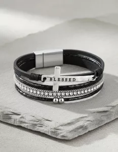Pulsera Cuero Multicapa Dije De Cruz Broche Magnético Negro 10 Cm 21 Cm