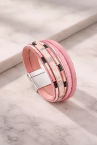 Pulsera Cuero Tejida Mujer - Hebilla Magnética Aleación Rosa 10 Cm 21 Cm