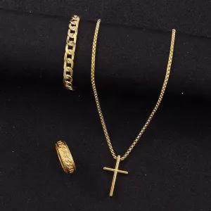 Set Accesorios Acero Inox Hombre Anillo Pulsera Cadena-dije Dorado
