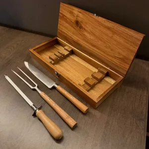 Set Asador Cuchillo Tenedor Chaira En Caja Madera De Acacia