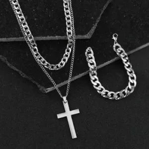 Set Accesorios Acero Inox Hombre Anillo Pulsera Cadena-dije Plateado Dije Cruz