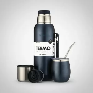 Termo Terrano 1lt Base Silicona Anticaida + Mate + Bombilla Azul Metalizado