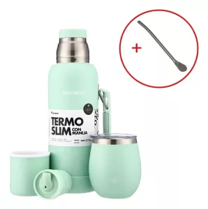 Kit Termo 750ml Base Silicona Mate Acero Terrano + Bombilla Verde Agua C/tapa