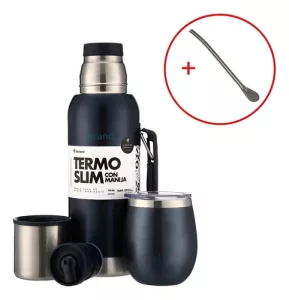 Kit Termo 750ml Base Silicona Mate Acero Terrano + Bombilla Azul Metalizado C/tapa