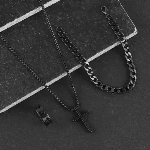 Set Accesorios Acero Inox Hombre Anillo Pulsera Cadena-dije Negro Dije Cruz