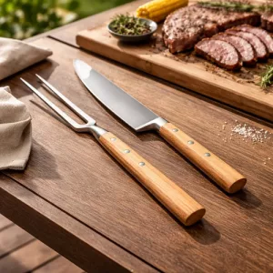 Set Parrillero Cuchillo Tenedor Mango Madera Acacia + Caja