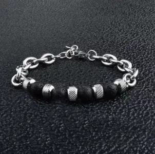 Pulsera Acero Inox Piedra Natural 8mm Ajustable - Unisex Piedra Volcanica 10 Cm 21 Cm