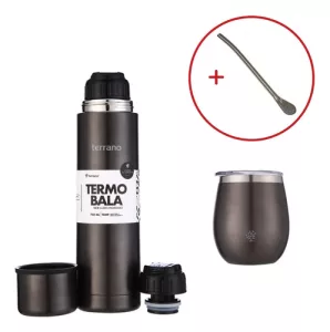 Kit Matero Terrano Termo 750ml Mate C/tapa + Bombilla Regalo Negro Metal - Mate Con Tapa