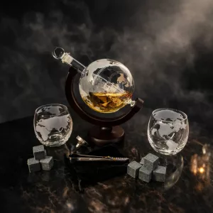 Decantador Whisky Globo Vasos Piedras Enfriadoras Set Regalo Marrón