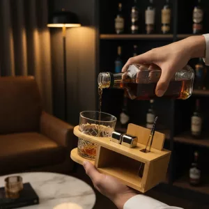 Set Vaso 350ml Whisky Hielos Acero Pinza Soporte Bamboo Bar Bamboo