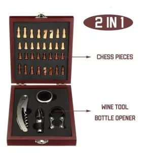 Caja De Madera 4 Accesorios Para Vino + Juego De Ajedrez