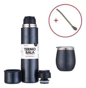Kit Termo 750ml Terrano Mate Acero Inox C/tapa + Bombilla Azul Metalizado