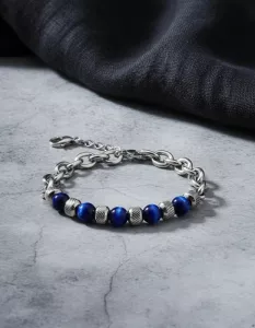 Pulsera Acero Inox Piedra Natural 8mm Ajustable - Unisex Ojo De Tigre Azul 10 Cm 21 Cm