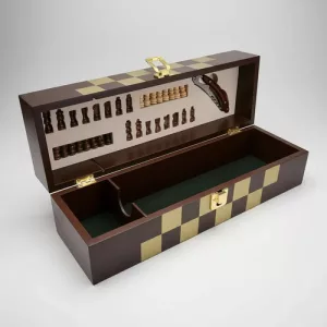 Caja Porta Botella Madera Con Sacacorcho + Juego De Ajedrez